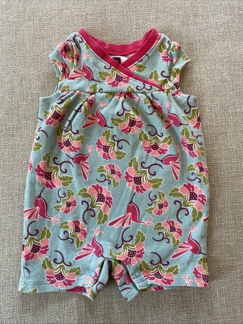 TEA Collection Summer Bubble Snap Romper XXS 0-3 Mths Pink Floral Hummingbird